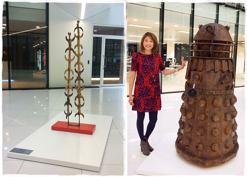 L: "Rising Duo" by Bea Bonafini. Photo courtesy the artist. R: IA designer and Dr. Who fan Katie Lin with Giles Corby's "Accidental Icon. Photo by Gillian Burgis.