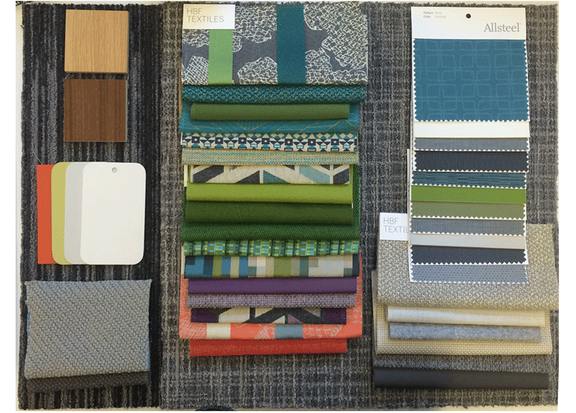 Materials palette for Allsteel, Gunlocke, and HBF Textiles. Photo © IA Interior Architects.