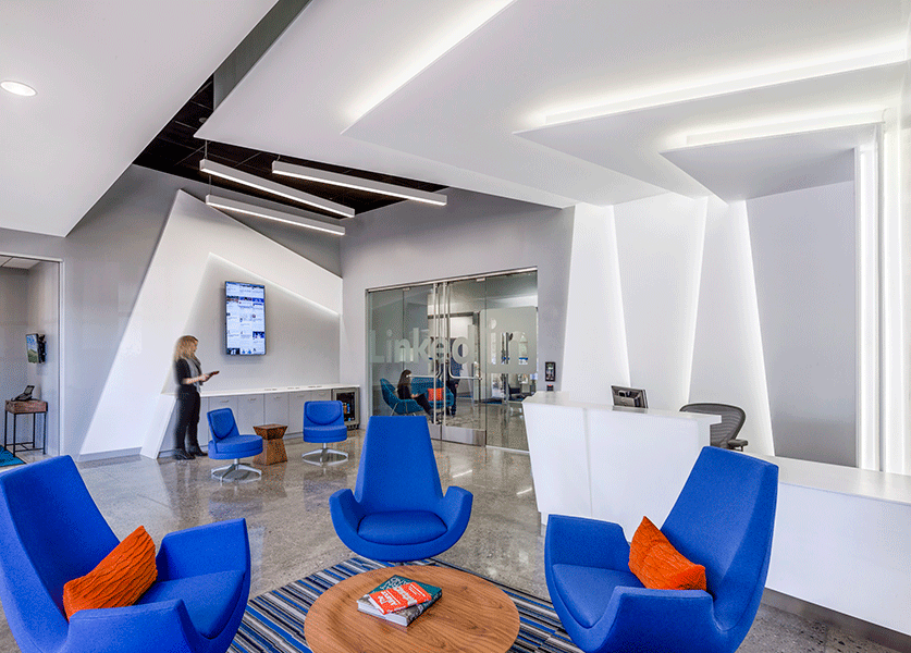 At LinkedIn’s Mountain View headquarters, lighting emphasizes structure. Photo by Sherman Takata.