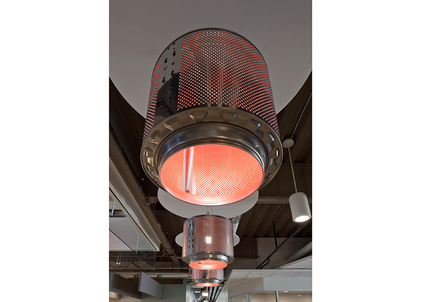 The fixtures are constructed from the inner drum of Whirlpool dryers to celebrate the brand. Photo by Paul Morgan.