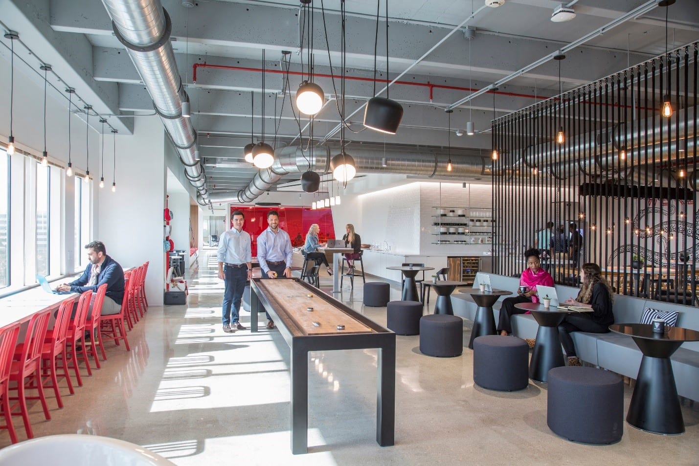 A shuffleboard table at the Virgin Voyages headquarters.