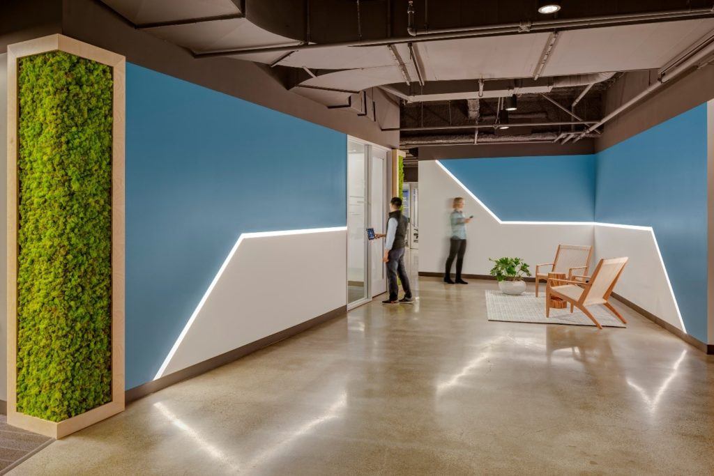 Lit walls in Okta's San Francisco Headquarters