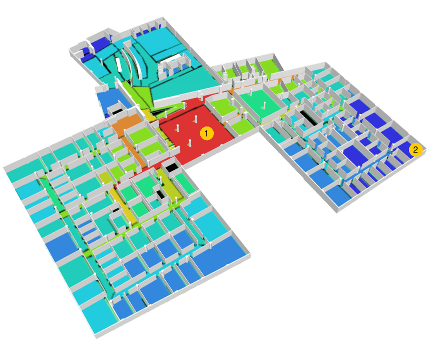 3D Workspace View Figure 3 – The Integration of Space convex map overlaid with a 3D workspace view. Red is the most integrated; dark blue is least integrated. Area #1 is the most integrated and area #2 is one of the least integrated spaces.