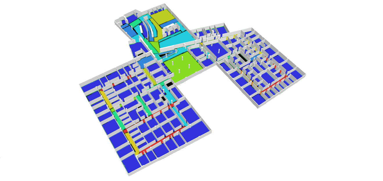 Degree of Connectivity Figure 7 - Degree of Connectivity convex map overlaid with a 3D workplace view. Red indicates more highly connected areas, blue lesser-connected spaces.