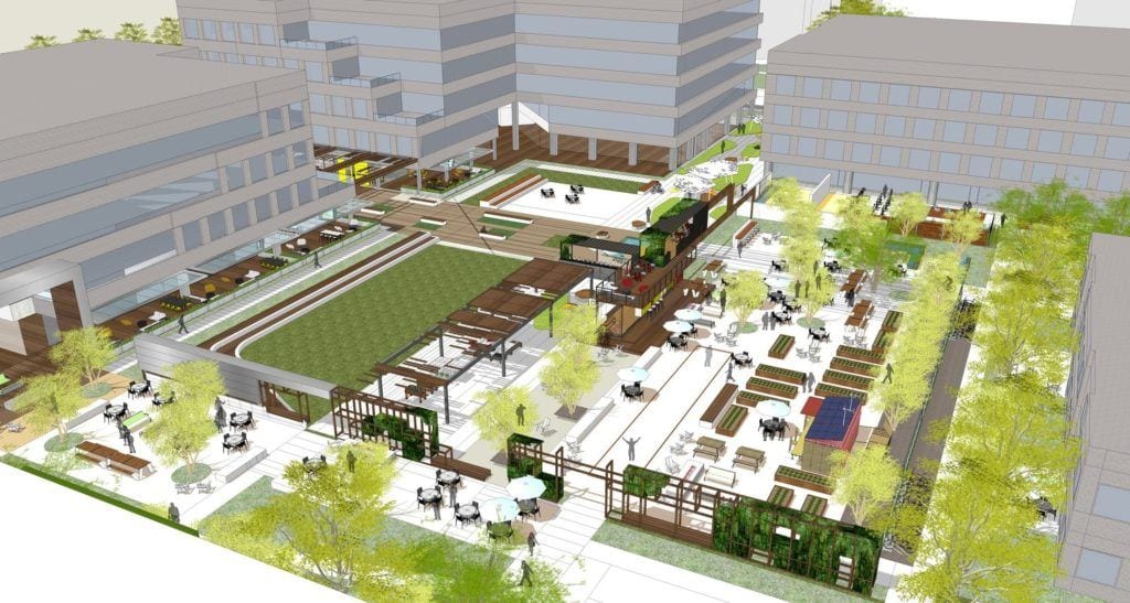 Intersect Campus The IA team proposed turning the outdated campus into a multi-tenant hub and destination focused wholly on wellness. Intersect Campus, Irvine, CA. Rendering © IA Interior Architects.