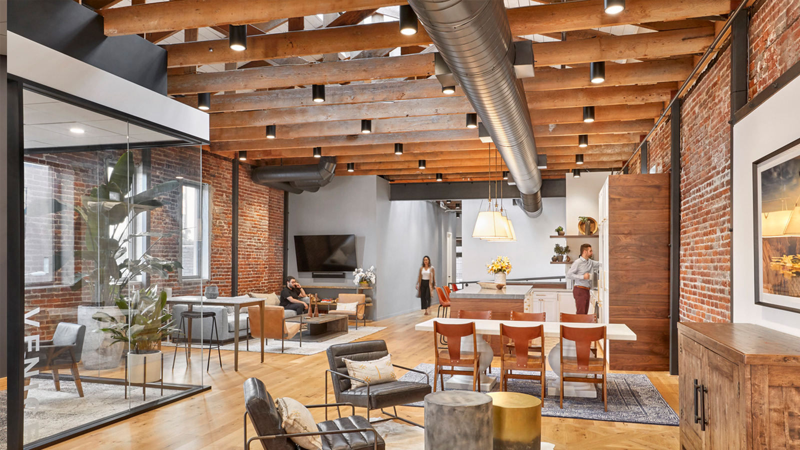 Casual workspace surrounding a meeting room