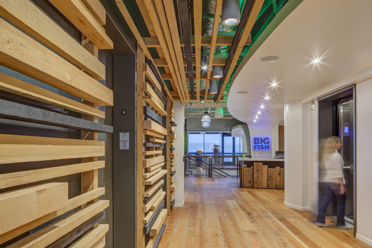 Big Fish, Seattle. Slatted wall decorations in an elevator lobby