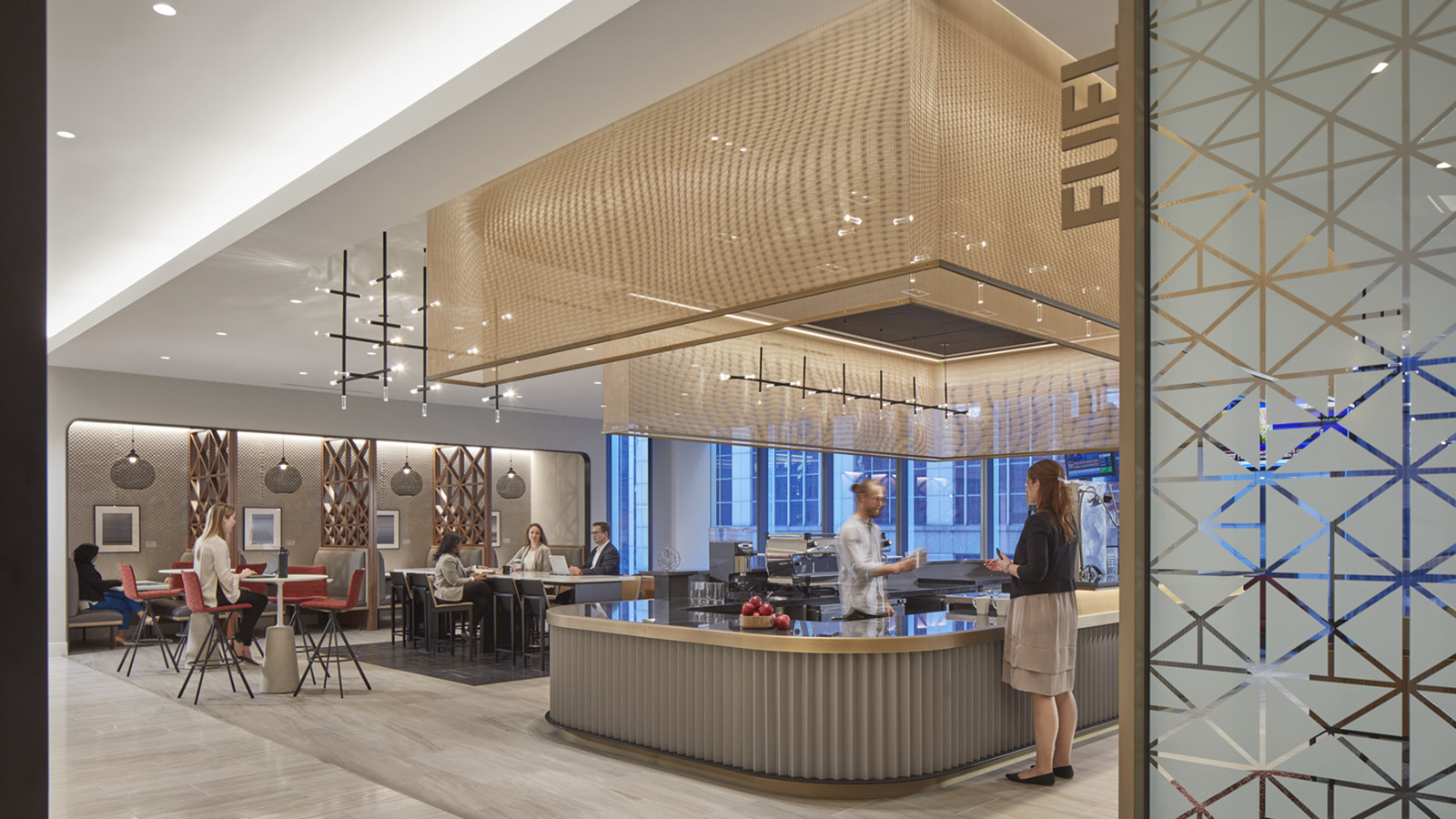 A cafe space and work area at a Chicago BoA location.