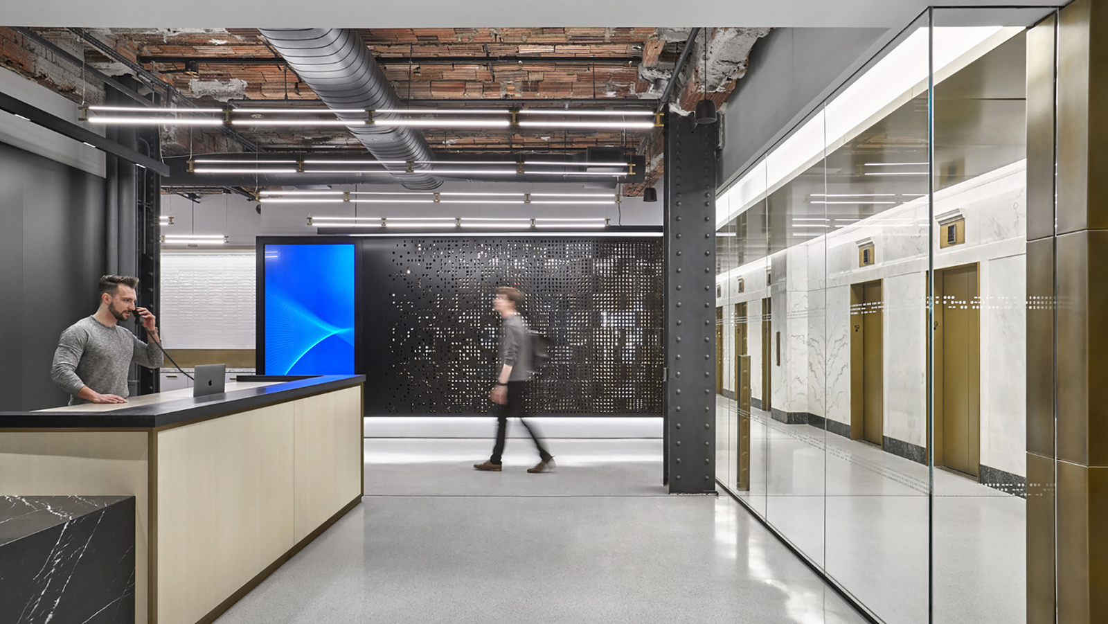 A high-tech reception area at a New York City workspace.