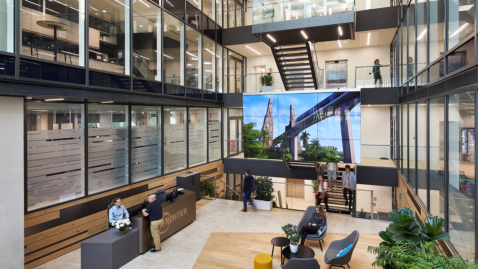 A view of the central atrium at Frontier Developments workplace.