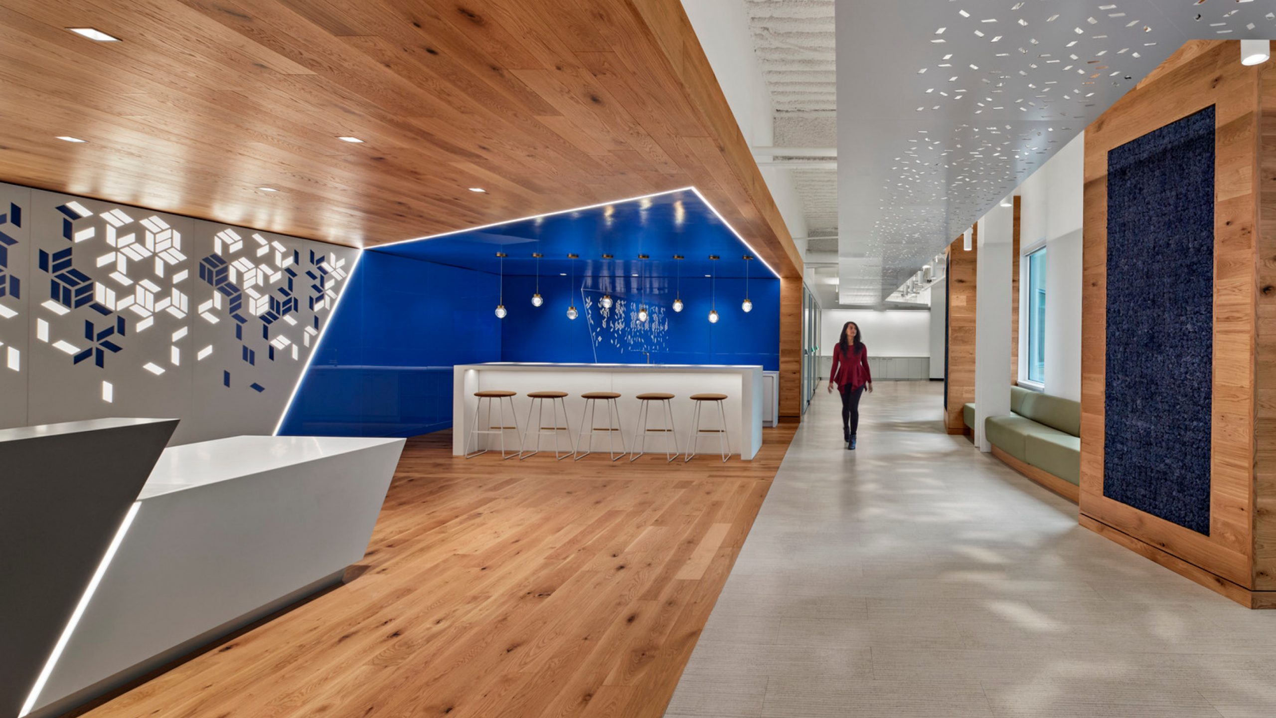 Reception area and tech bar at a Boston workplace.