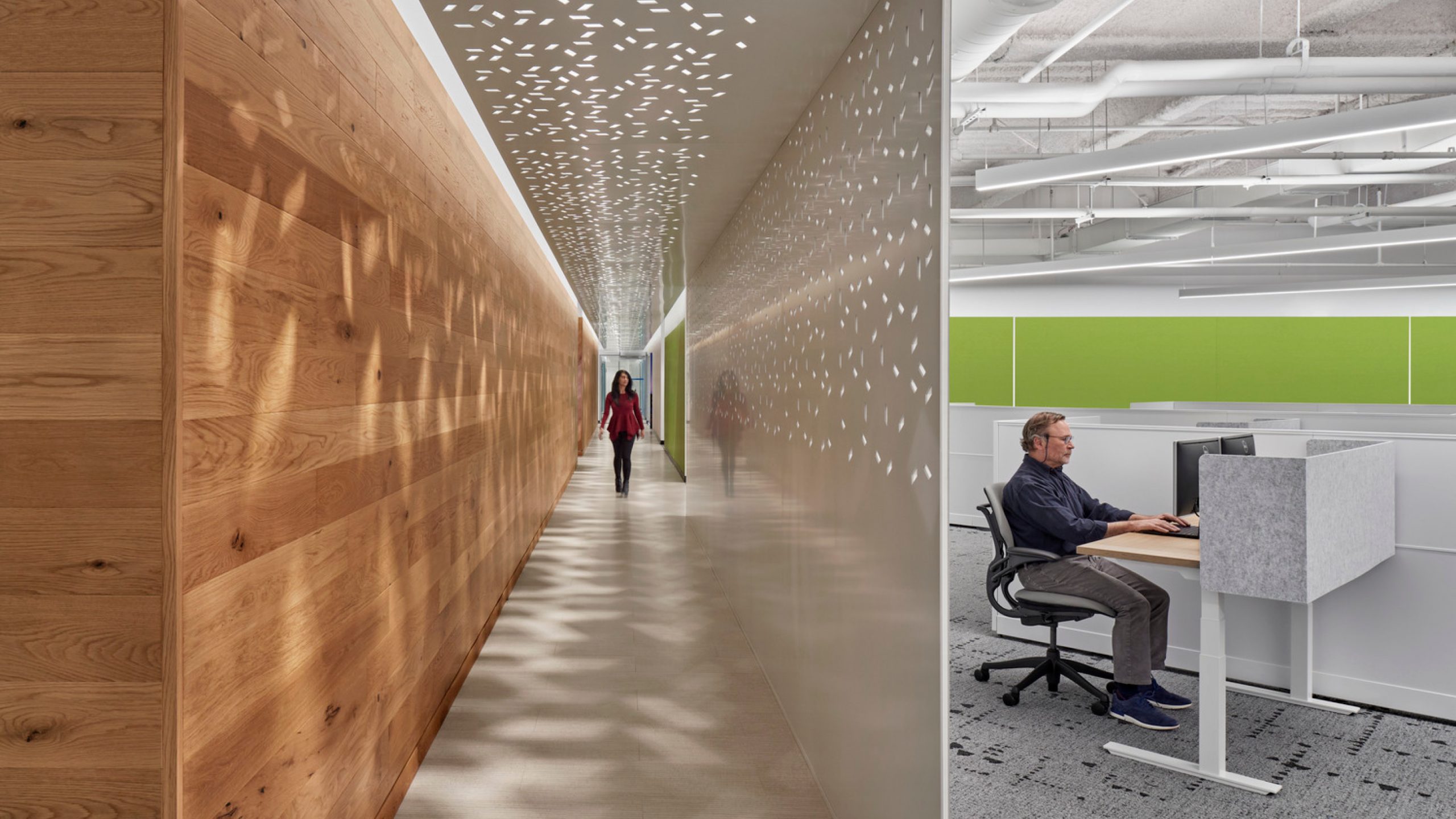 A hallway with perforated partitions at the Verisk Boston offices.