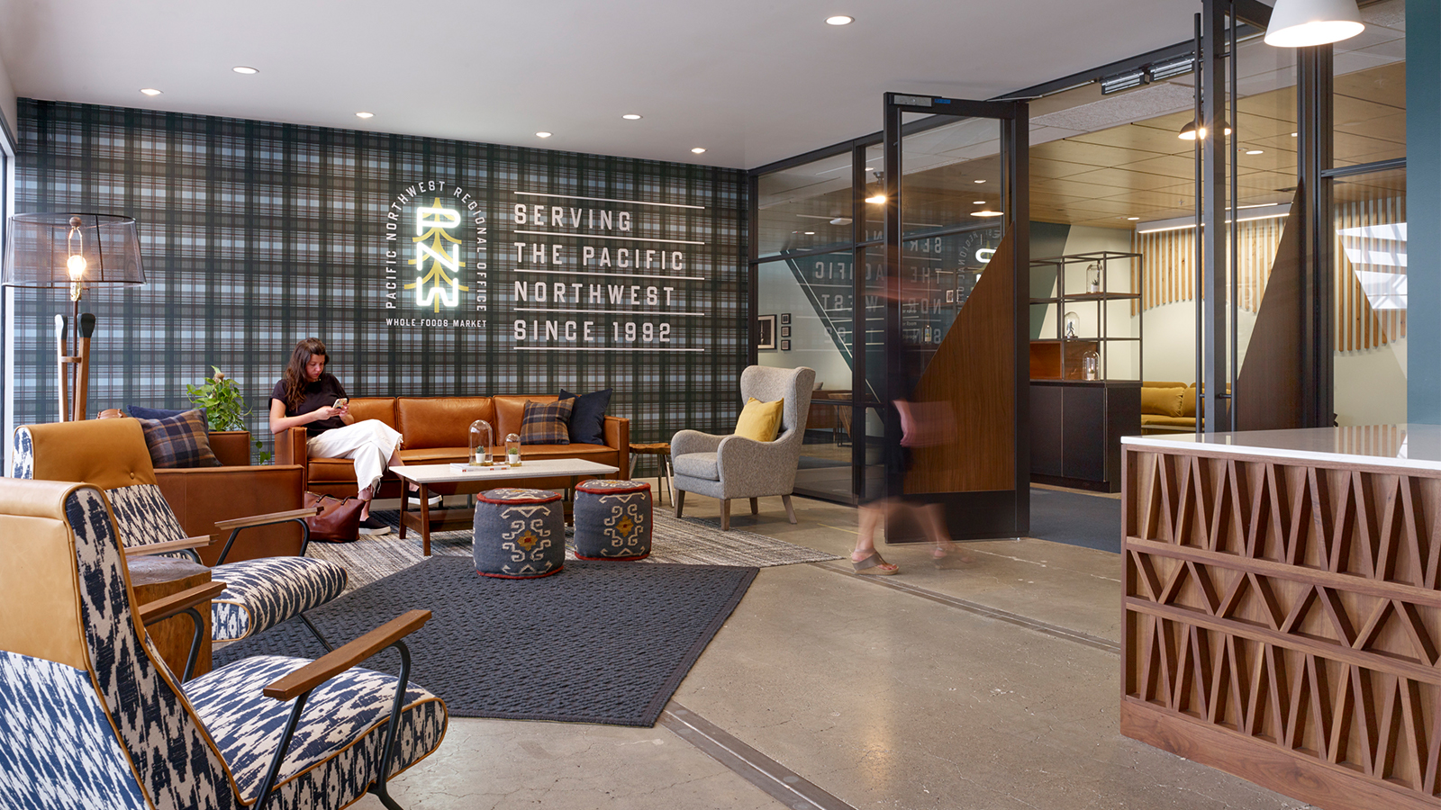 There is a wide variety of seating options at the Seattle offices of Whole Foods.