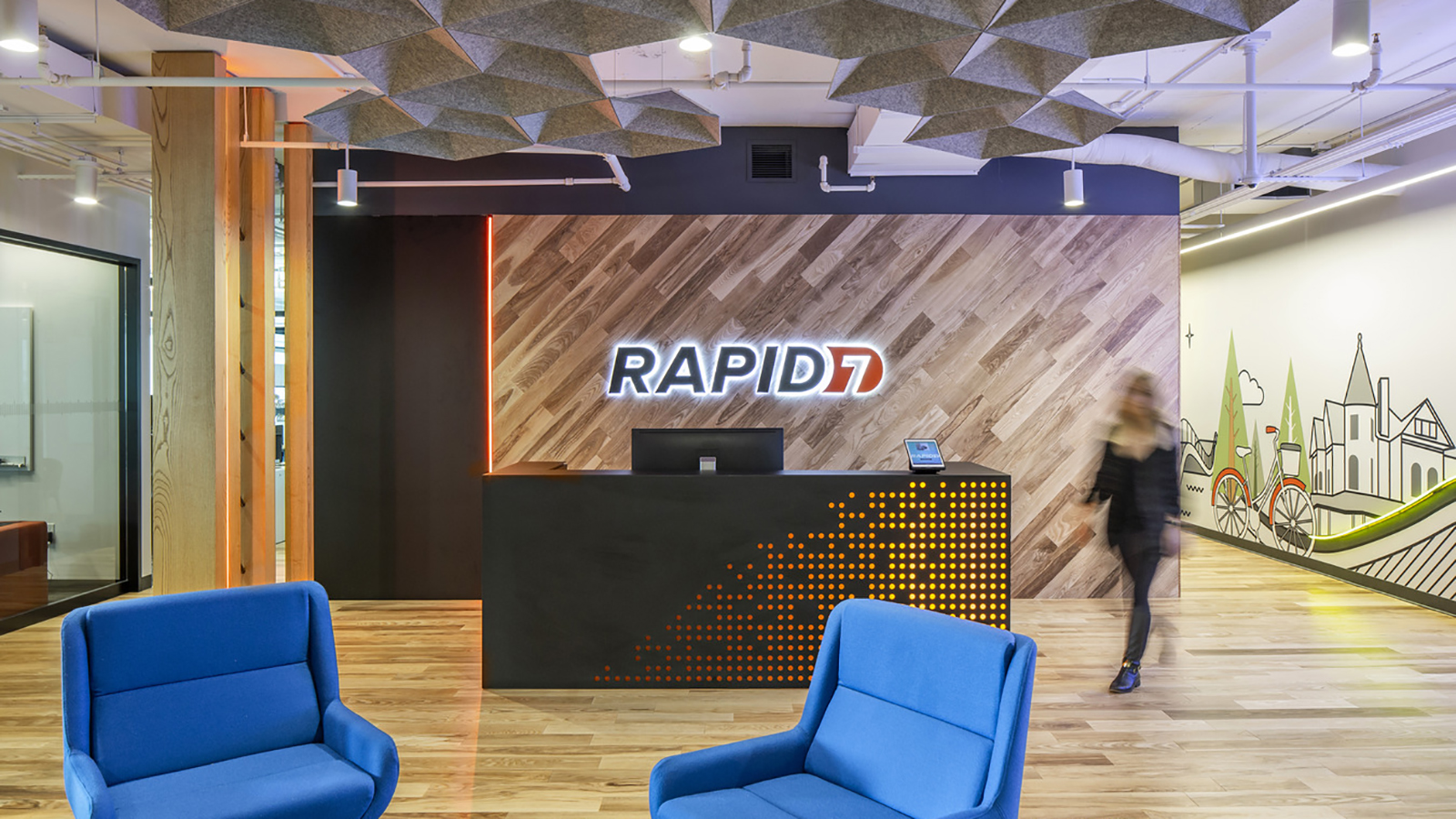 The reception area and lobby of Rapid7 Toronto