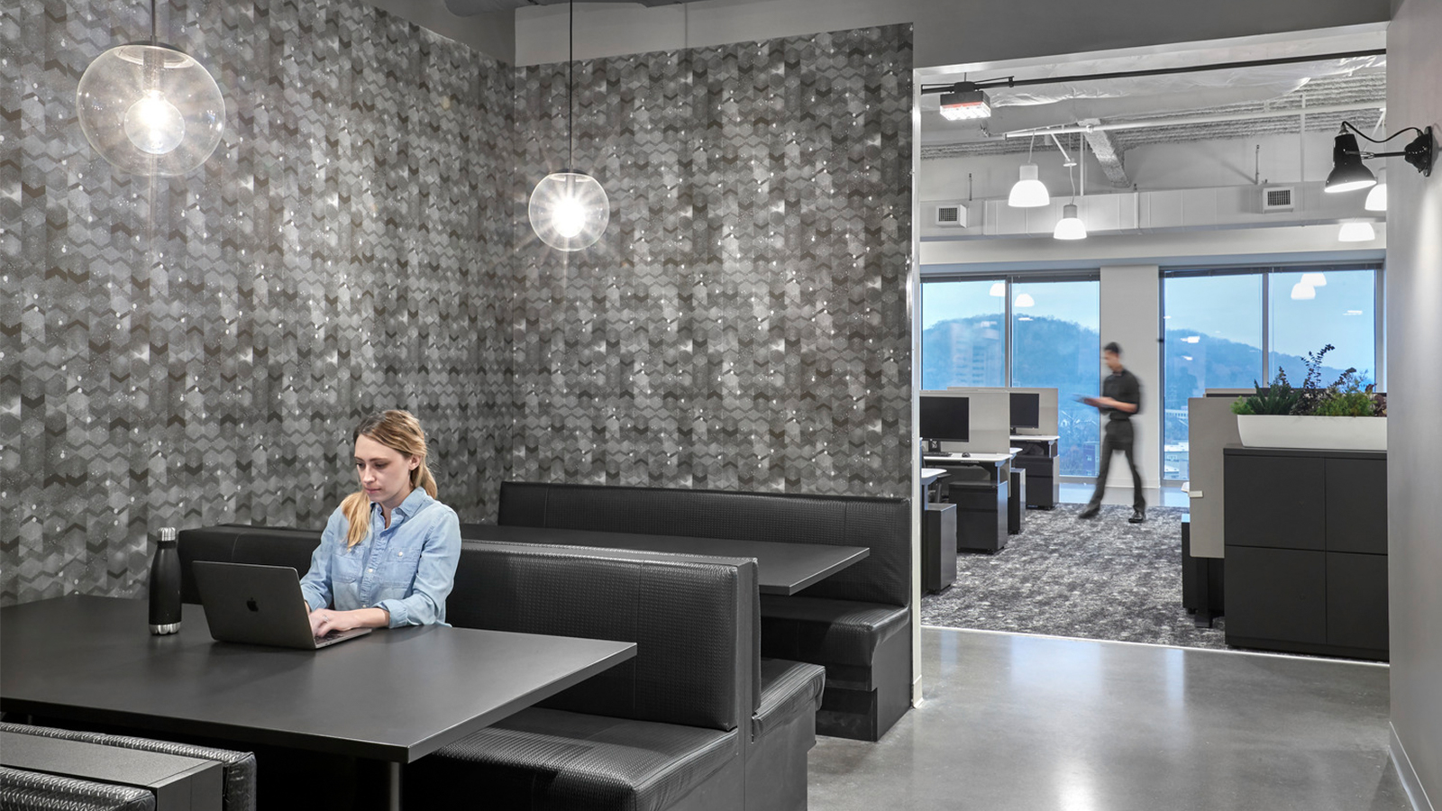 An alcove with bench seating at the Tennessee N.A. headquarters of Mitsubishi
