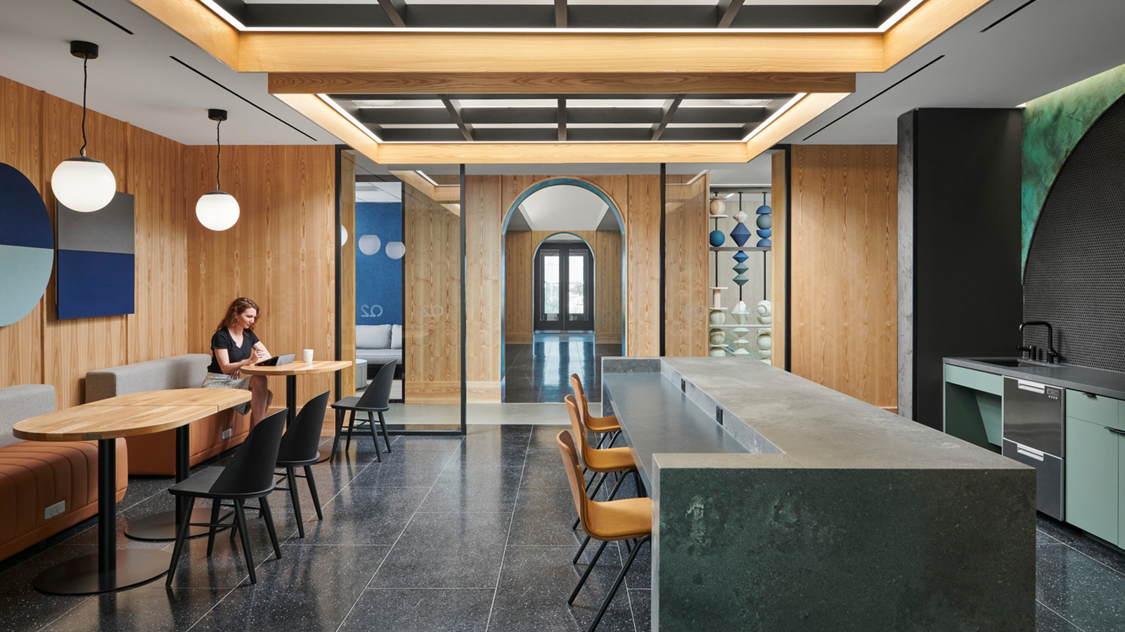 A kitchen and open collaboration area